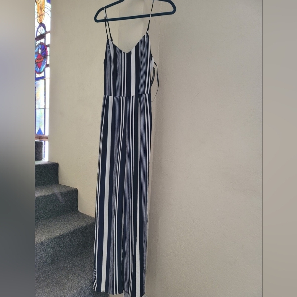 Krazy Kat Large Jumpsuit Navy White Stripe Tie Belt. Size L -Tall!